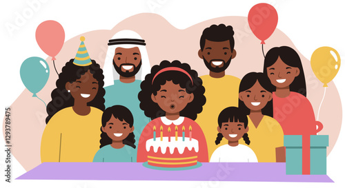 Multicultural birthday celebration with mixed race girl blowing out the candles. Colorful illustration