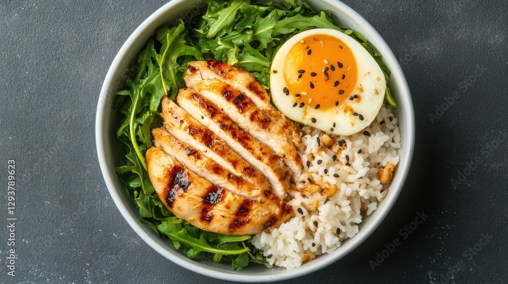 Overhead view of a healthy and visually appealing high protein meal prepared from a meal kit featuring fresh greens rice grilled chicken and a soft boiled egg Overhead view of a healthy and visually appealing high protein meal prepared from a meal kit featuring fresh greens rice grilled chicken and a soft boiled egg