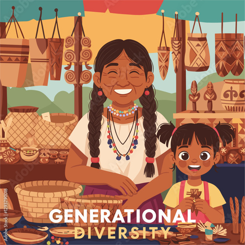 Happy Mexican indigenous senior woman with her grand daughter in the local market. Generational diversity concept. Colorful cartoon illustration
