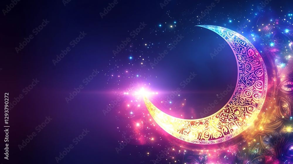 Fototapeta premium Glowing crescent moon, mystical background, spiritual imagery, graphic design element