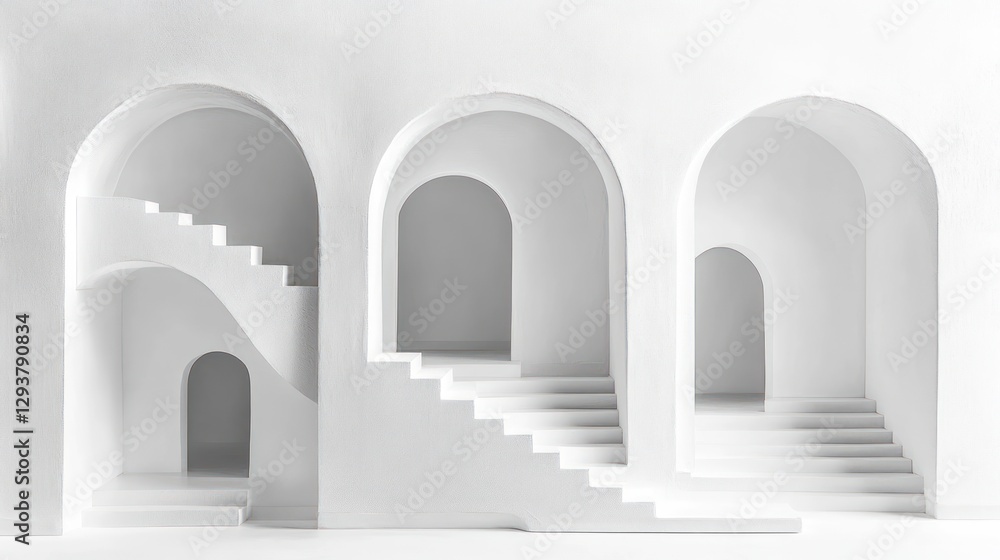 Fototapeta premium Abstract white architectural arches, stairs, interior design, 3D model, minimalist scene, product presentation, background