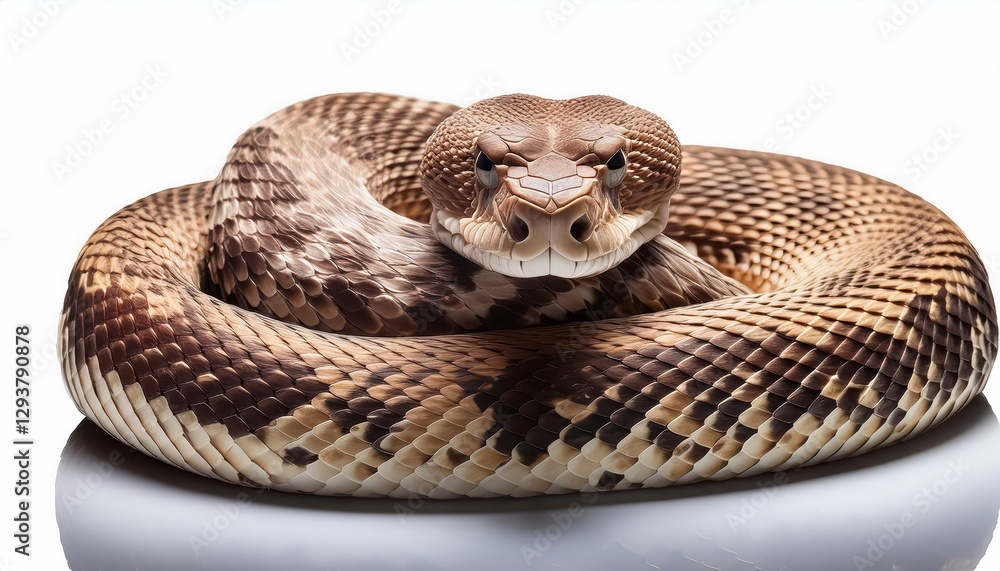 Obraz premium Striking Rattlesnake in Desert Sands, Majestic Serpent Awaits the Dawn with Vibrant Scales and Intense Eyes, Capturing a Moment of Natures Suspense.