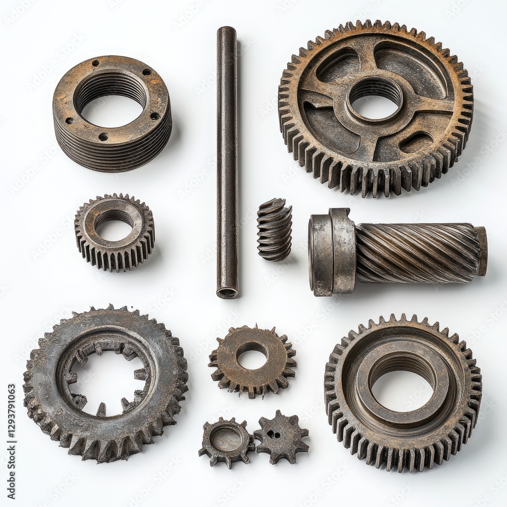 The gears and meshing parts of the internal driveshaft, all made from steel, arranged on a white background. The gears and meshing parts of the internal driveshaft, all made from steel, arranged on a white background.