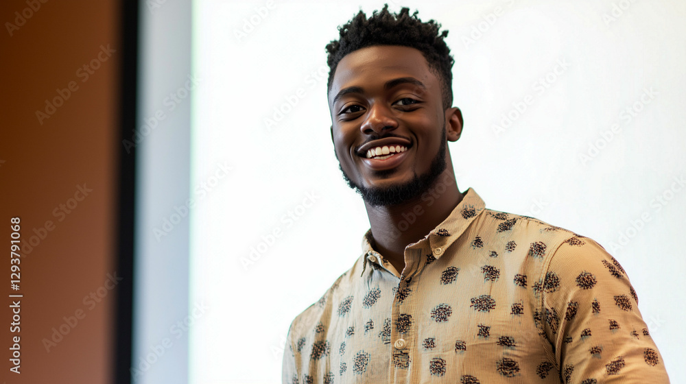 Fototapeta premium Young man giving a presentation in a classroom setting with a cheerful smile