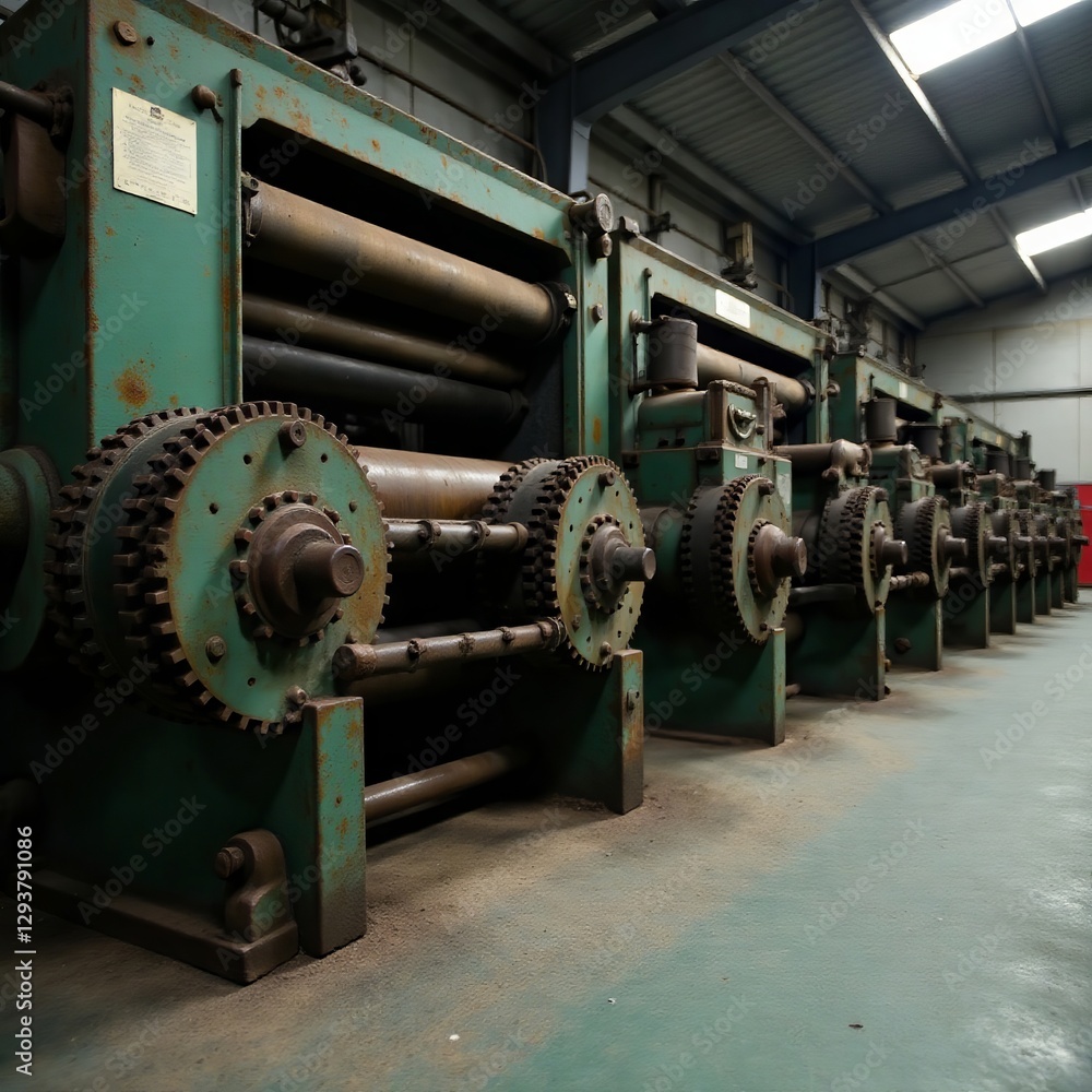 Rusting gears, idle press, dust-covered floor, factory, gears Rusting gears, idle press, dust-covered floor, factory, gears