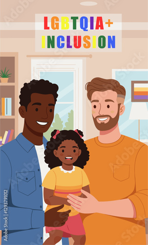 Flat style vector of multiethnic gay couple with their little mixed race daughter. LGBTQIA+ inclusion concept