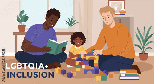 Happy family of Black man, Caucasian man and little mixed race daughter playing together at home. LGBTQIA+ inclusion concept