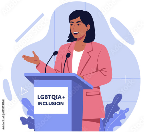 Strong woman speaking in conference of LGBTQIA+ inclusion. Colorful flat style vector