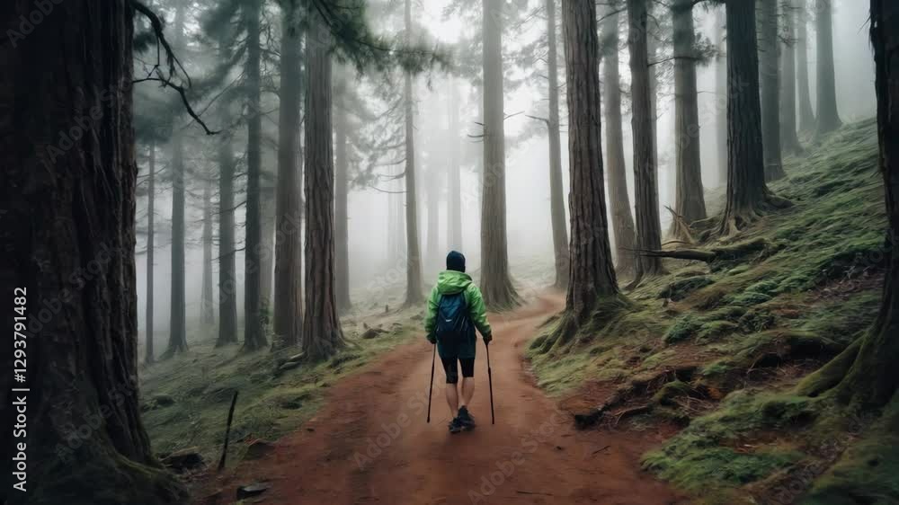 Hiker with Trekking Poles Enjoys a Peaceful Walk Through a Misty, Serene Forest Hiker with Trekking Poles Enjoys a Peaceful Walk Through a Misty, Serene Forest
