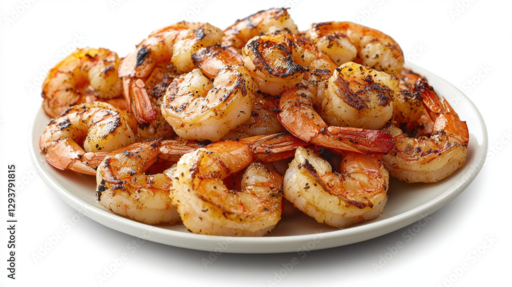 A plate stacked with oversized grilled shrimp A plate stacked with oversized grilled shrimp