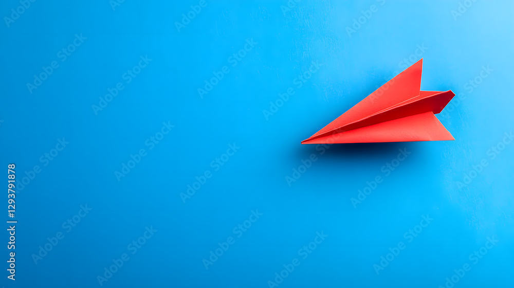 Red paper airplane on a bright blue background, representing travel, dreams, and aspirations. Minimalist concept image. Red paper airplane on a bright blue background, representing travel, dreams, and aspirations. Minimalist concept image.