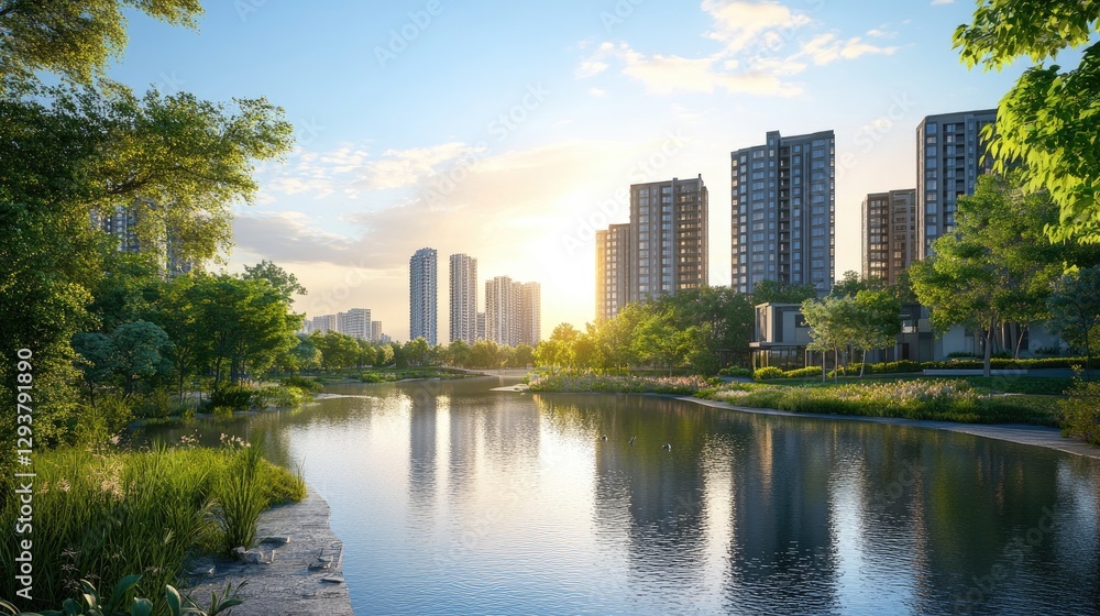 A serene riverside scene blending lush greenery and modern buildings, symbolizing the harmonious coexistence of nature and urban civilization A serene riverside scene blending lush greenery and modern buildings, symbolizing the harmonious coexistence of nature and urban civilization