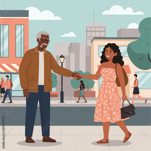 Older African-American man helping a young Latina woman cross a street. Colorful flat style vector