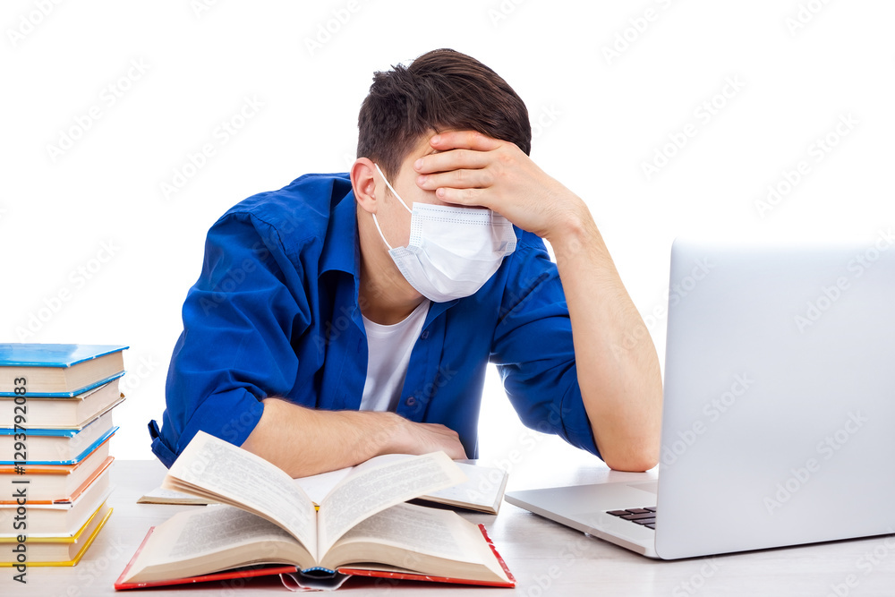 Tired Student in Flu Mask