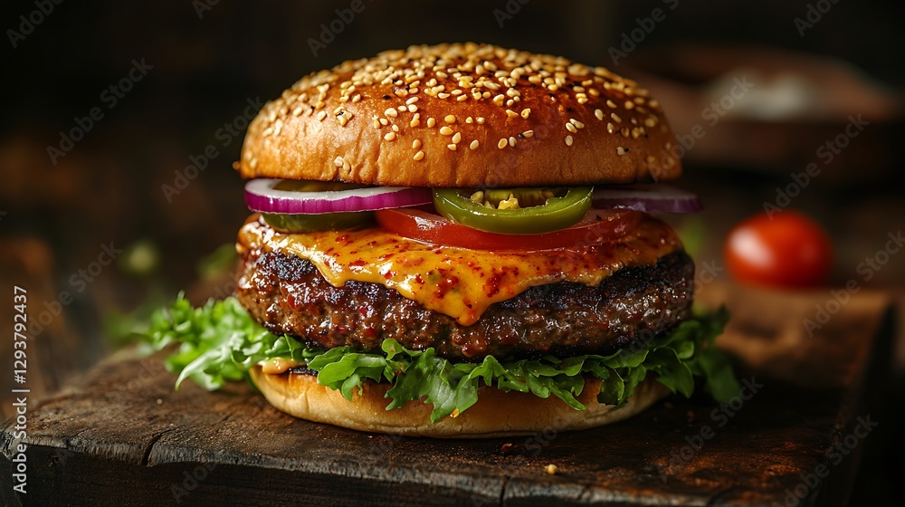 Professional high-definition studio photograph showcasing an ultra-realistic spicy burger, highlighting jalapeño slices, melted pepper jack cheese, creamy chipotle mayo, crunchy red onion rings, Professional high-definition studio photograph showcasing an ultra-realistic spicy burger, highlighting jalapeño slices, melted pepper jack cheese, creamy chipotle mayo, crunchy red onion rings,