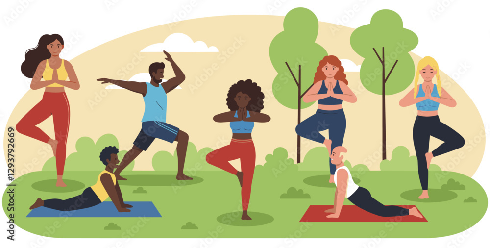 Sports inclusion with multiethnic and multigenerational group of people doing yoga in the park