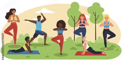 Sports inclusion with multiethnic and multigenerational group of people doing yoga in the park