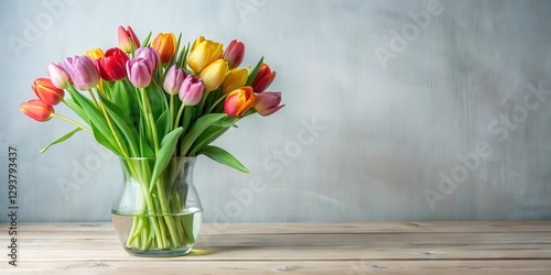 Wallpaper Mural A delicate and colorful arrangement of fresh tulip stems in a vase on a minimalist table with a elegant centerpiece , homedeor, minimalist decor Torontodigital.ca