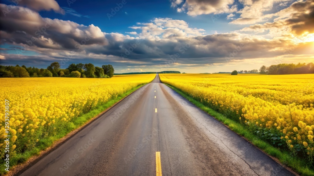 Empty asphalt road surrounded by a vibrant field of yellow flowers in summer, warm, nature, warm, nature Empty asphalt road surrounded by a vibrant field of yellow flowers in summer, warm, nature, warm, nature