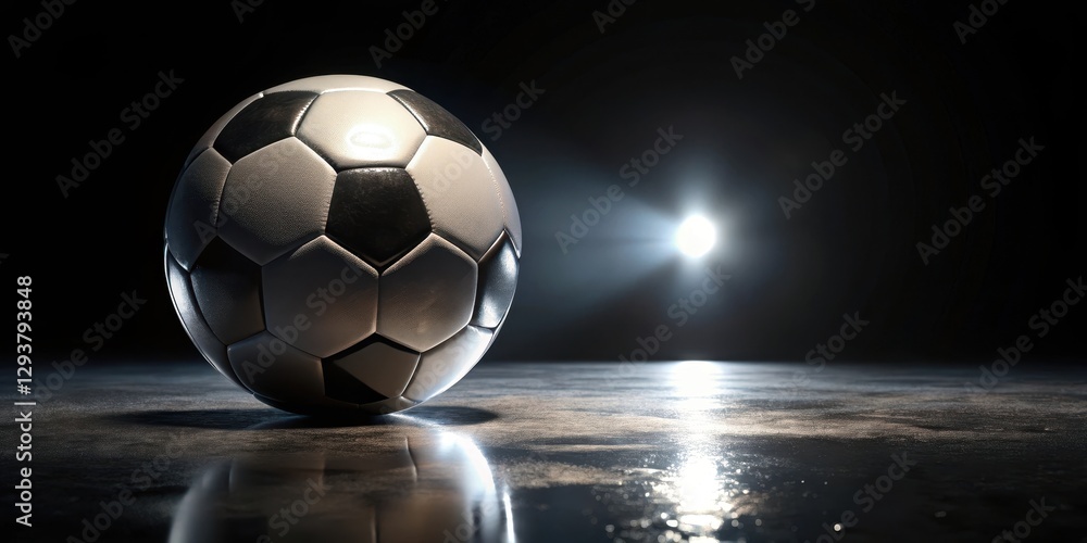 Naklejka premium A soccer ball resting on a black surface with its panels reflected in the surrounding darkness, nighttime scene, evening glow