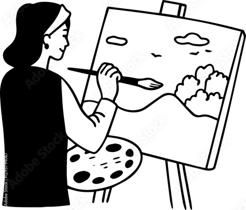 artist painting on a canvas outline vector illustration, silhouette, line art