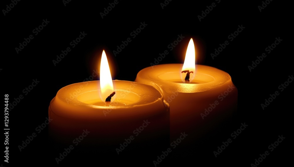 Three burning candles in the dark, illuminated by the soft glow of candlelight. Three burning candles in the dark, illuminated by the soft glow of candlelight.
