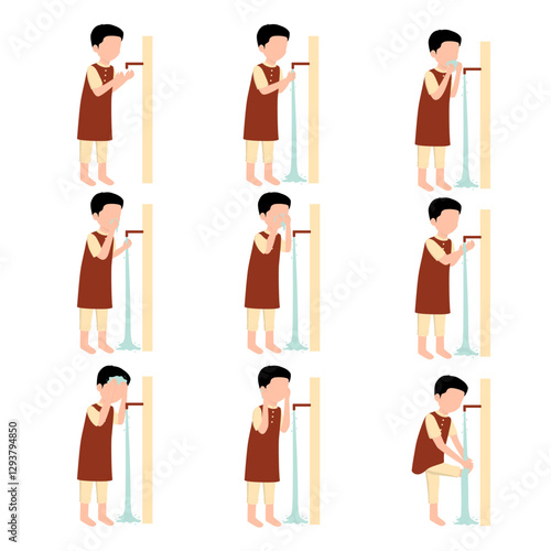 Ablution Vector Illustration, Islamic Wudu Steps, Muslim Boy Performing Wudu, Ritual Purification Clipart