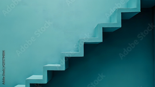 Teal staircase against a teal wall; minimalist architecture, modern design, abstract background, simple steps, upward movement.