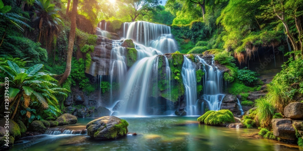 Fototapeta premium serene waterfall cascading down a moss-covered rocky face surrounded by vibrant greenery and exotic tropical plants in Pak Khlong, lush greenery, outdoors