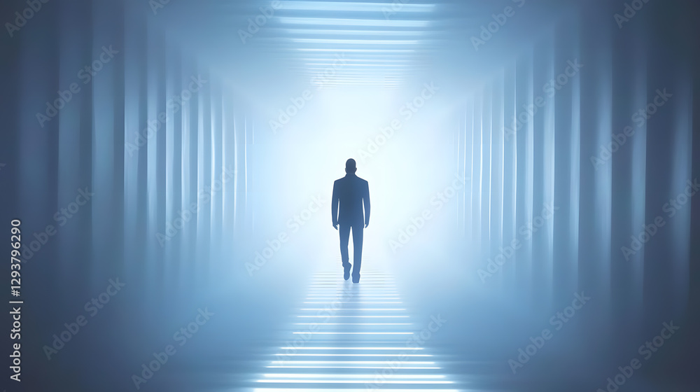 Fototapeta premium Silhouetted businessman walking towards bright light in a futuristic hallway. Concept of success, future, ambition, and opportunity.
