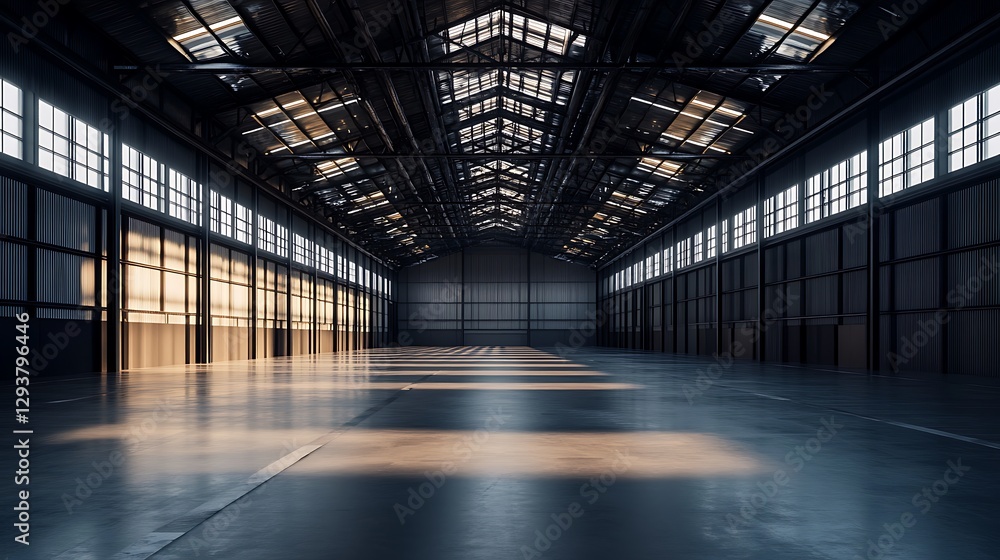 Light Streaming Into Empty Warehouse Industrial Interior with Concrete Floor Light Streaming Into Empty Warehouse Industrial Interior with Concrete Floor