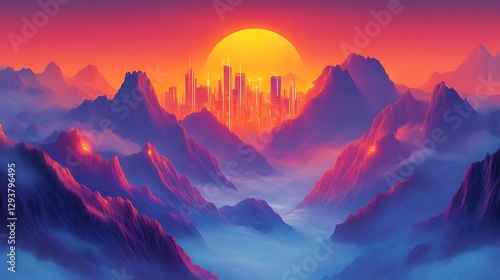 Futuristic City nestled within a vibrant mountain range at sunset