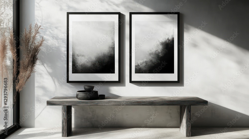Fototapeta premium Monochromatic Serenity: Abstract Art in a Minimalist Interior