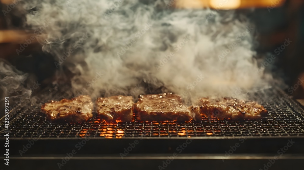 Sizzling meat squares cooking over a hot grill with smoke Sizzling meat squares cooking over a hot grill with smoke