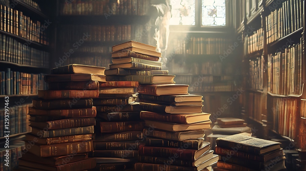 Ancient library stacks, sunlit interior, scholarly atmosphere, ideal for study/inspiration Ancient library stacks, sunlit interior, scholarly atmosphere, ideal for study/inspiration