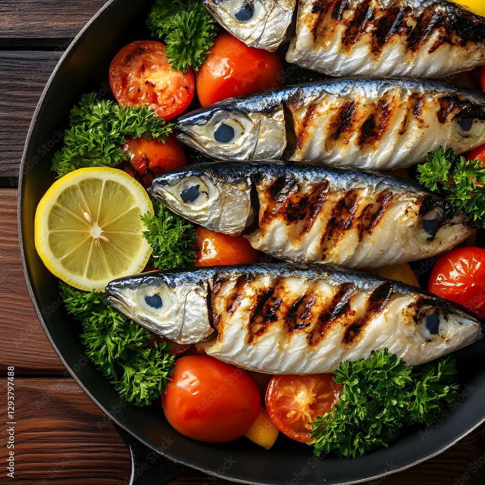Grilled Mackerel with Tomatoes and Lemon in Pan Grilled Mackerel with Tomatoes and Lemon in Pan