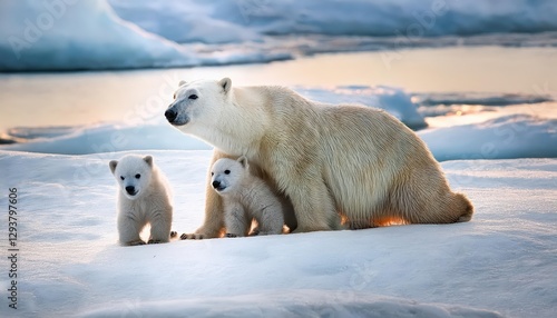 Arctic Tranquility Polar SheBear Gently Cradling Her Cubs in a Frosty Alaskan Landscape, Captured in Stunning Winter Serenity photo