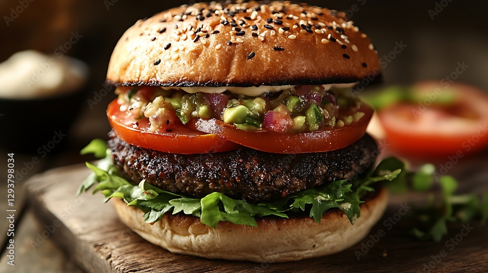 Professional studio photography capturing an ultra-realistic black bean veggie burger, topped with fresh avocado salsa, vibrant tomato slices, melted pepper jack cheese, crisp lettuce, Professional studio photography capturing an ultra-realistic black bean veggie burger, topped with fresh avocado salsa, vibrant tomato slices, melted pepper jack cheese, crisp lettuce,