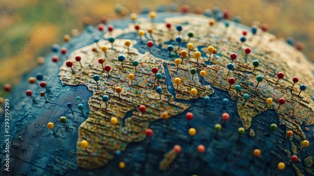 Fototapeta premium Colorful Push Pins on a Detailed Globe of the African Continent