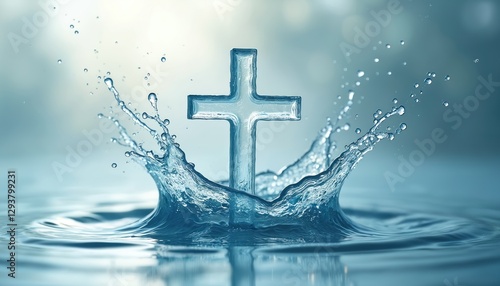 Water cross symbol emerges from splash. Clean, clear water droplets form Christian symbol. Religious abstract, hope concept, spirituality prayer, baptism, divine faith, sacred worship background