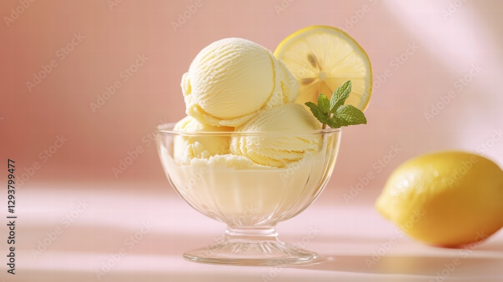 A lemon ice cream in the glass bowl with mint and slice of lemon on the light pink background A lemon ice cream in the glass bowl with mint and slice of lemon on the light pink background