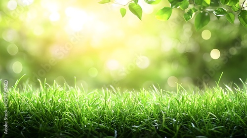 Foto em close de grama verde com fundo de jardim desfocado