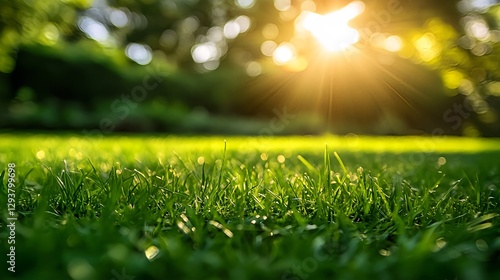 Foto em close de grama verde com fundo de jardim desfocado photo