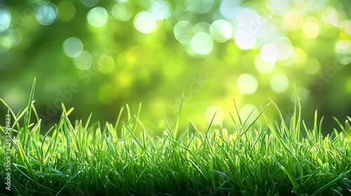 Foto em close de grama verde com fundo de jardim desfocado