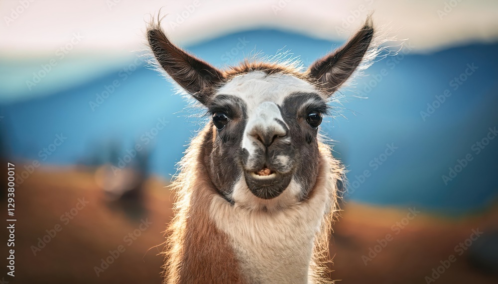 Obraz premium Playful Llama Portrait with a Mischievous Grin, Set Against a Backdrop of Desert Plains and Majestic Mountains, Showcasing the Enchanting Beauty and Spirit of South Americas Highlands.