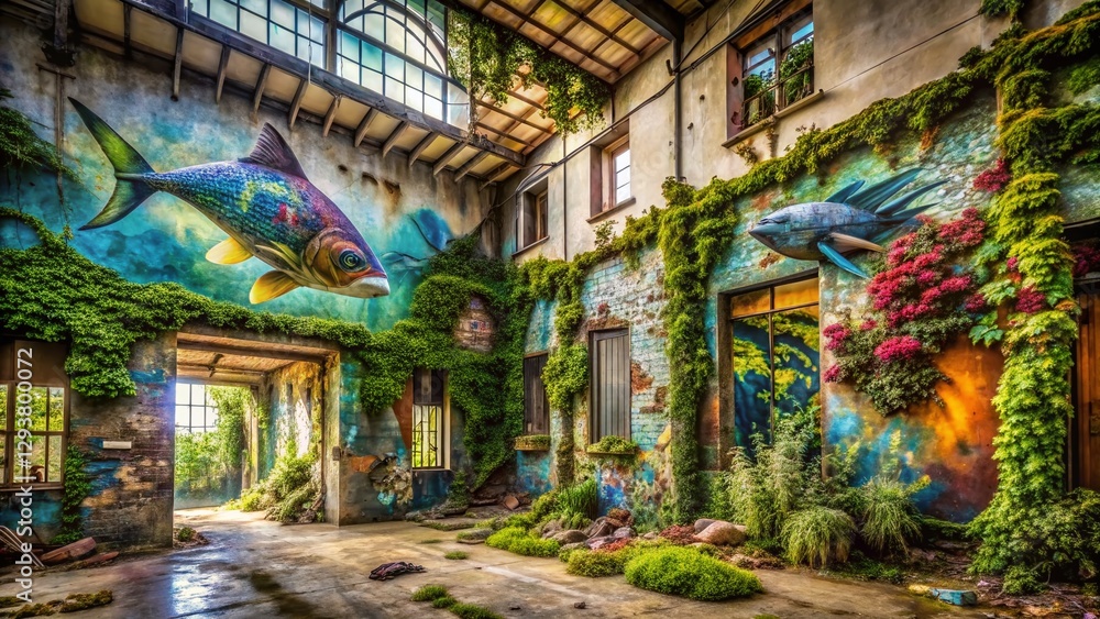 Fototapeta premium Abandoned Urban Building, Overgrown with Nature, Featuring a Triggerfish Mural