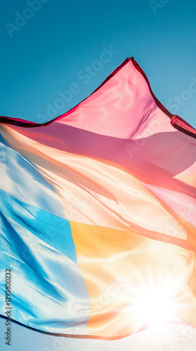 Close-up shot of a bisexual pride flag waving in the wind, showcasing vibrant pink, blue, and yellow colors symbolizing LGBTQ+ pride and inclusivity, with sunlight glowing through it. photo