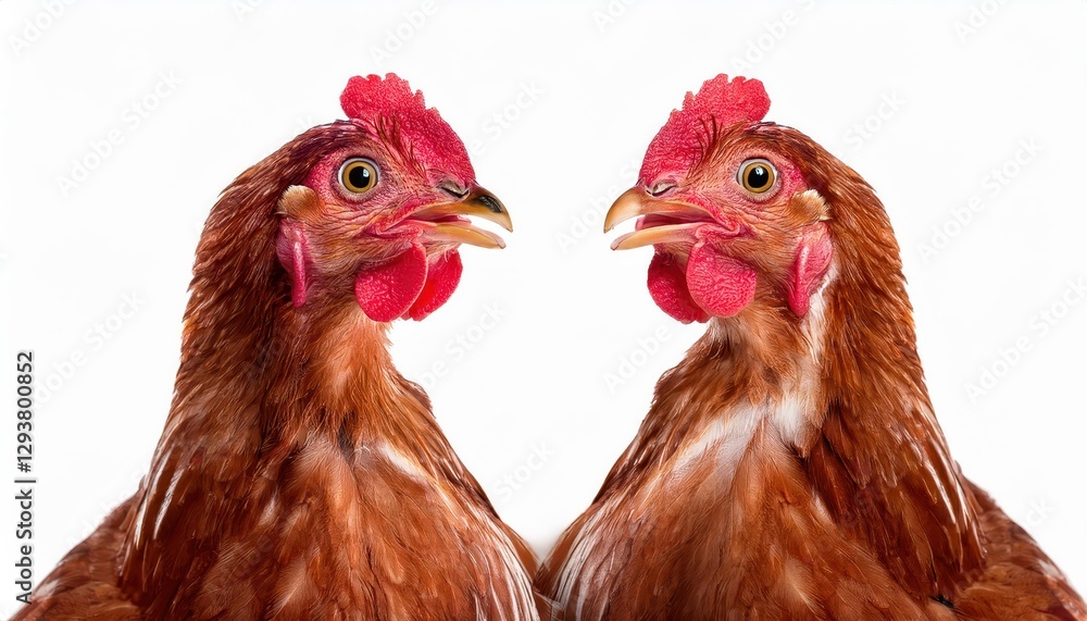 Fototapeta premium Humorous Closeup Portrait of a Strikingly Colored Chicken against a Pure White Background, Showcasing Vibrant Feathers and Amusing Expression in an Engaging Photograph
