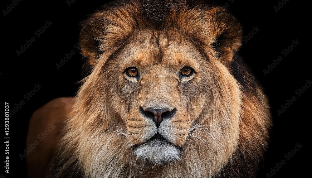 Striking Portrait of a Majestic Black Lion, Showcasing Vivid Facial Details in the Midnight Hour, Evoking a Sense of Power and Regality with Its Glowing Eyes and Rich Fur Textures. Striking Portrait of a Majestic Black Lion, Showcasing Vivid Facial Details in the Midnight Hour, Evoking a Sense of Power and Regality with Its Glowing Eyes and Rich Fur Textures.