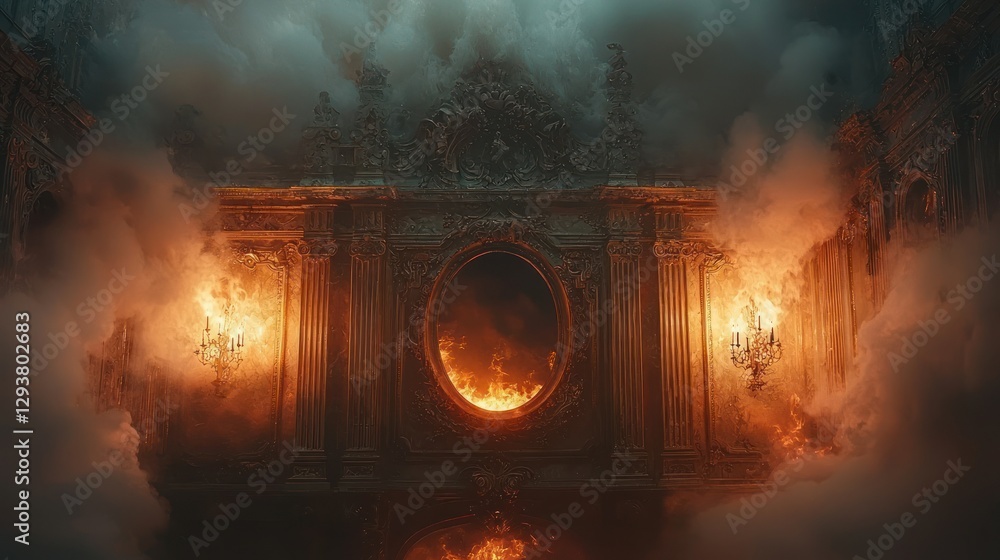 Obraz premium Ornate Ruins, Fiery Portal, Smoky Palace